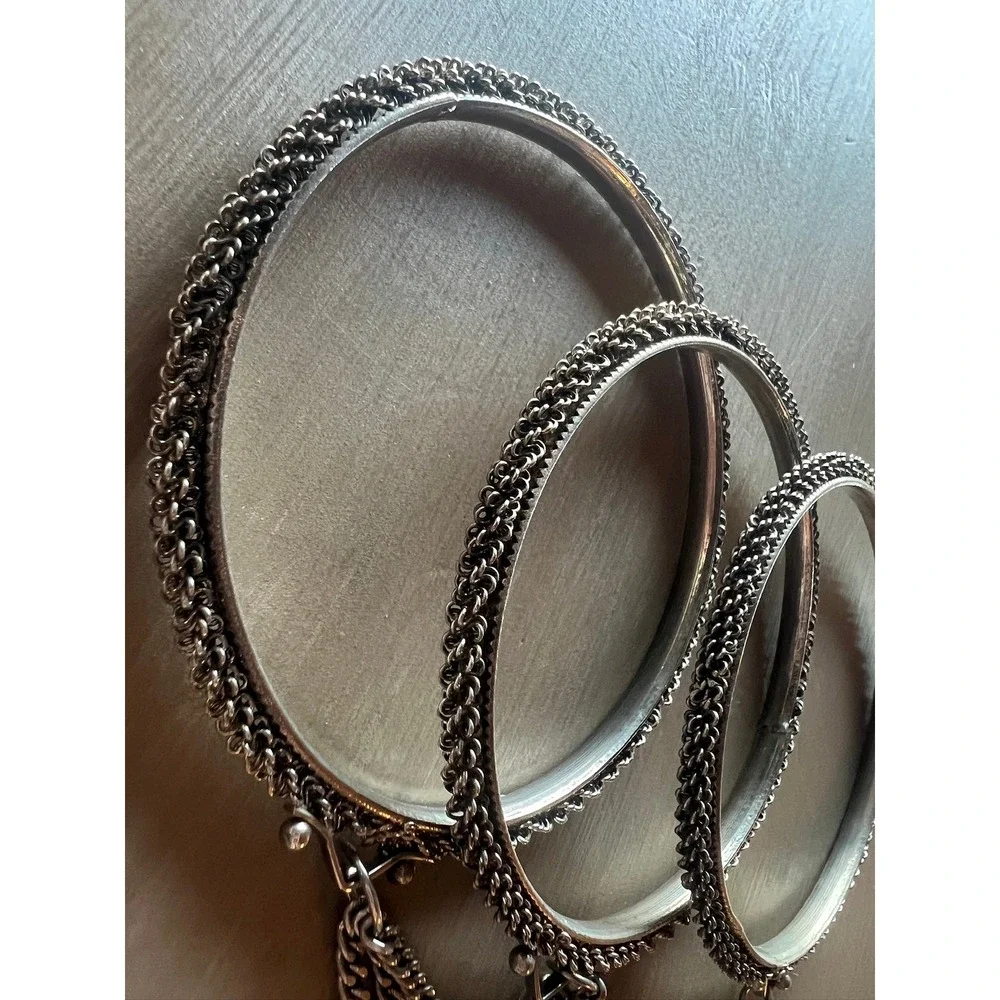 Bangle Bracelet Set 3pc Silver Tone Jingle Bell Charms Boho Ethnic Festival
